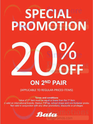 Featured image for (EXPIRED) Bata 20% Off 2nd Pair of Footwear @ Selected Stores 19 – 21 May 2015