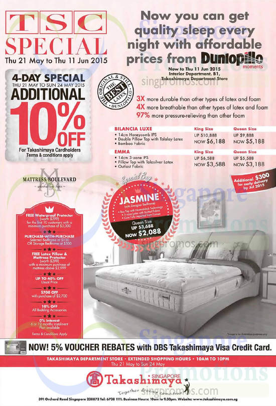 Dunlopillo Mattresses, Bilancia Luxe, Emma, Jasmine, Purchase With Purchase, Free Waterproof Protector