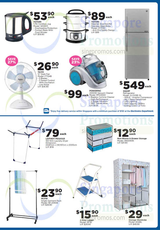 Electronics, Home Basics, Jug, Fridge, Steamer, Vacuum Cleaner, Fan, Laundry Dryer, Powerpac, Toyomi, Sharp, Taiyo