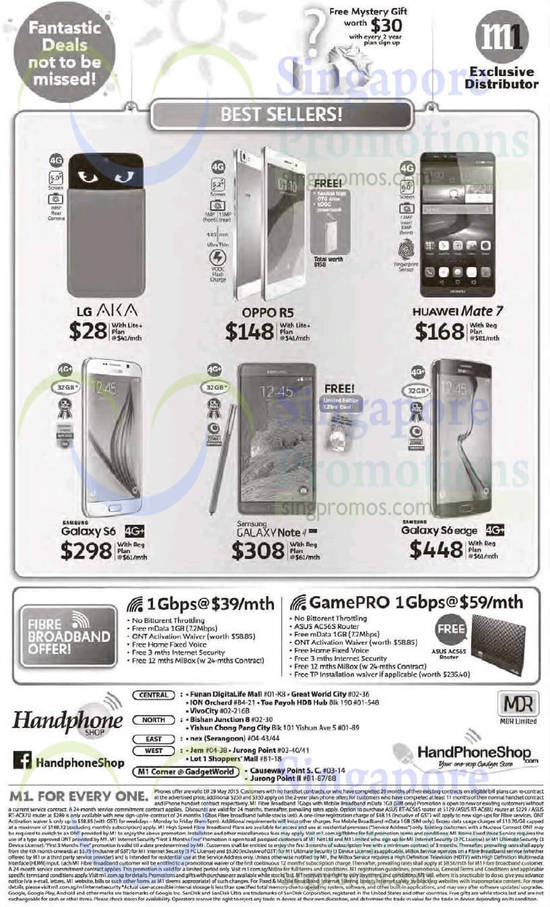 Handphone Shop LG AKA, Oppo R5, Huawei Mate 7, Samsung Galaxy S6, Note 4, S6 Edge, 39.00 1Gbps Fibre Broadband, 59.00 GamePRO 1Gbps