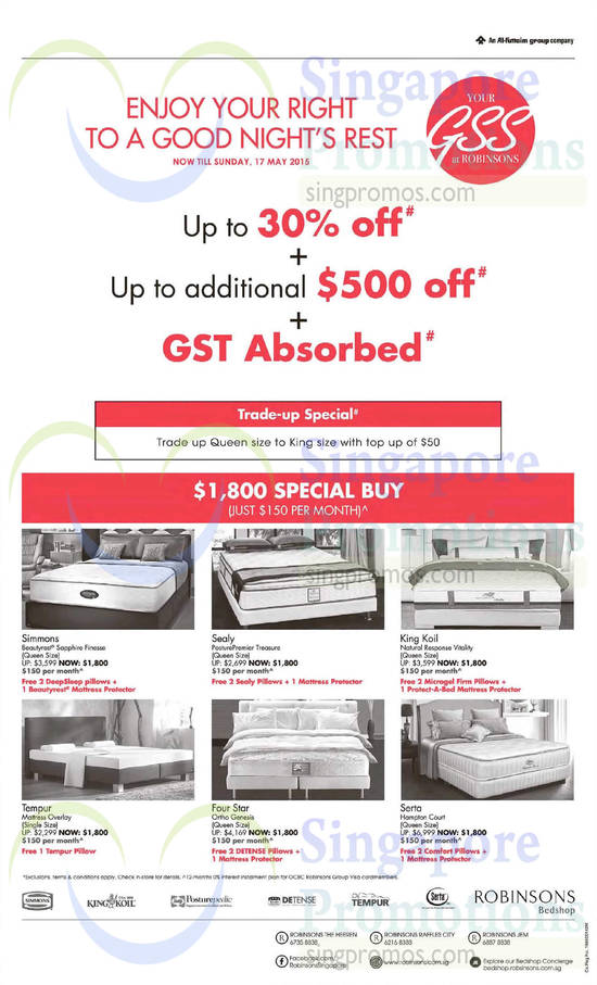 Mattresses, Simmons, Sealy PosturePremier, King Koil, Tempur, Four Star, Serta