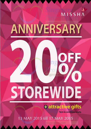 Featured image for (EXPIRED) Missha 20% Off Storewide Anniversary Promotion 13 – 17 May 2015