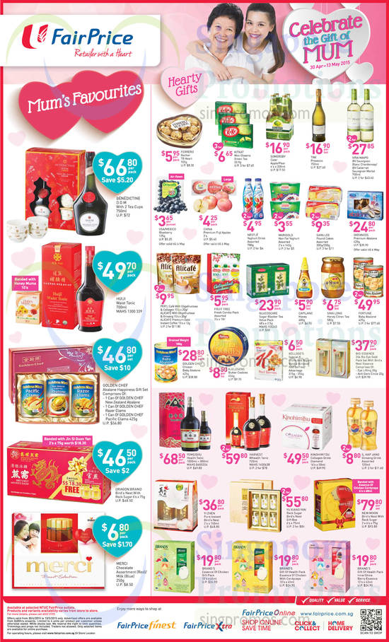 Mothers Day Special Offers Abalones, Bird Nest, Wines, Health Tonics, Essence of Chicken, Collagen Drink, Kinohimitsu, Benedictine, Huiji, Golden Chef, Fortune