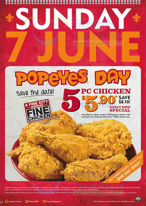 Featured image for (EXPIRED) Popeyes $5.90 5pcs Chicken One Day Promo 7 Jun 2015