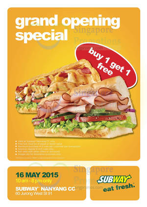 Featured image for Subway Buy 1 Get 1 FREE (BOGO) Sub @ Nanyang CC 16 May 2015