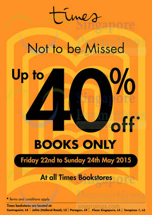 Featured image for Times Bookstores Up To 40% Off 22 – 24 May 2015