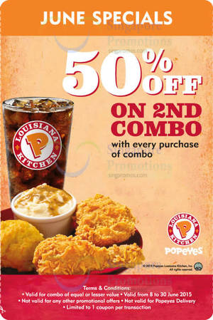 Featured image for Popeyes Dine-in & Takeaway Discount Coupons 9 – 30 Jun 2015