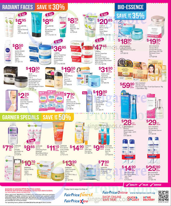 Beauty Radiant Faces, Garnier Specials, Bio-Essence Products, Olay, Biore, Loreal