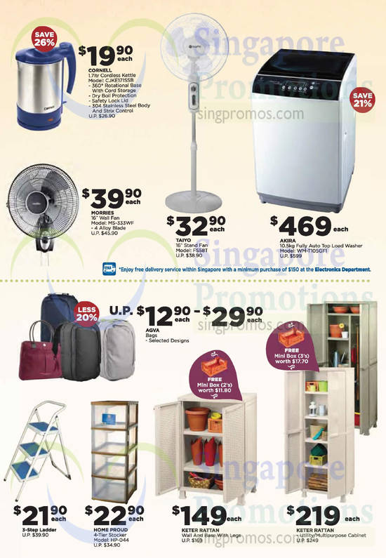 Electronics, Home Basics, Fans, Kettle, Washer, Cabinet, Cornell, Morries, Taiyo, Keter Rattan, Akira