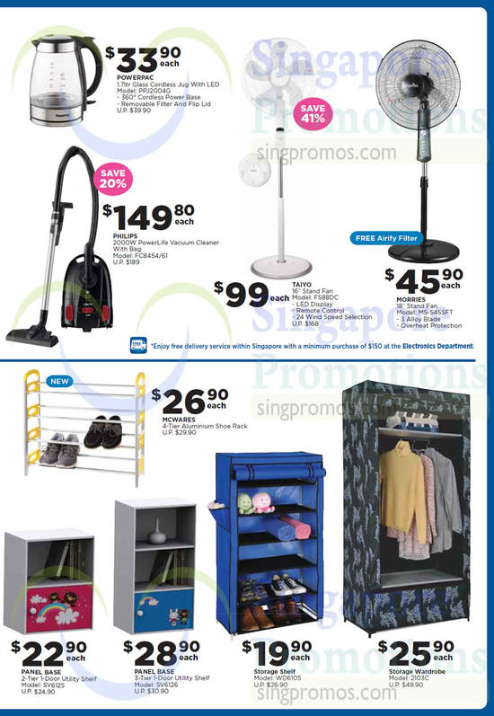 Electronics, Home Basics, Jug, Vacuum Cleaner, Fans, Utility Shelves, Shoe Rack, Powerpac, Philips, Taiyo, Morries