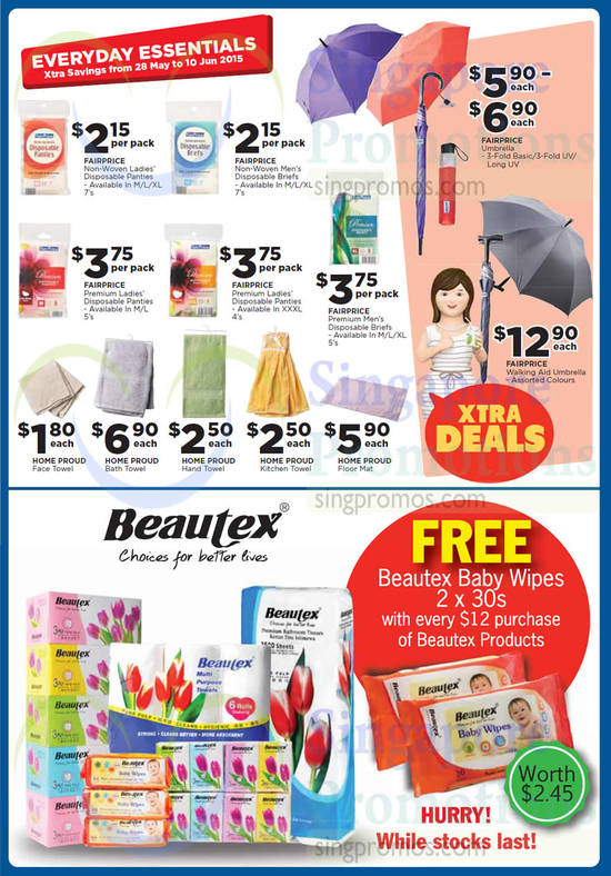 Everyday Essentials, Walking Aid Umbrella, Bath Towel, Floor Mat, FairPrice, Home Proud, Free Beautex Baby Wipes