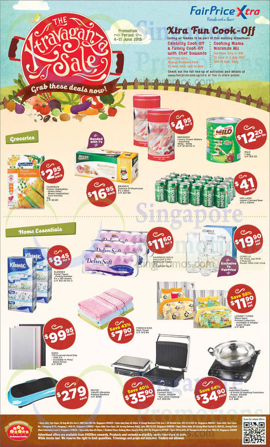 Fairprice Groceries, Home Essentials, Brands Essence of Mushroom, Milo Tin, Sony Hard Disk Drive, Miuvo Vibration Fitness Machine, Taiyo Induction Cooker