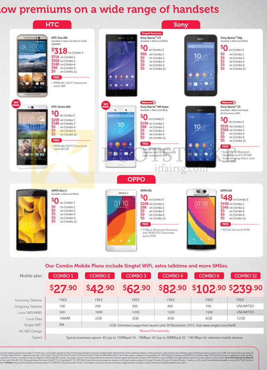 HTC One M9, Desire 826, Sony Xperia C3, E4g, M4 Aqua, Z3, OPPO Neo 5, R5, N3, Combo Mobile Plans