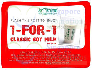 Featured image for Jollibean 1 For 1 Classic Soy Milk Coupon 16 – 18 Jun 2015