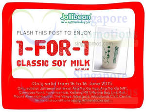 Featured image for (EXPIRED) Jollibean 1 For 1 Classic Soy Milk Coupon 16 – 18 Jun 2015