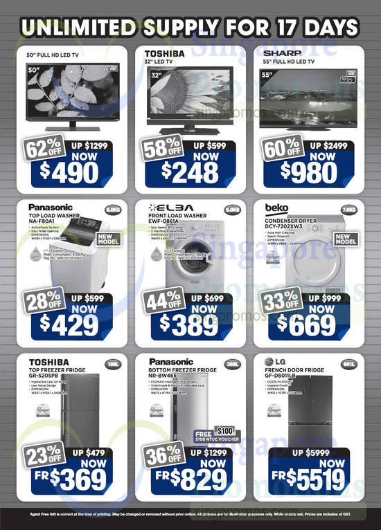 TVs, Fridges, Washers, Dryer, Panasonic, Elba, Beko, Toshiba, Sharp, LG