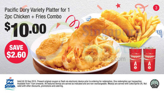 (3) 10.00 Pacific Dory Variety Platter for 1 2Pc Chicken, Fries Combo