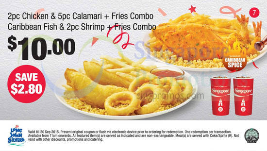 (7) 10.00 2Pc Chicken n 5Pc Calamari n Fries Combo, Caribbean Fish n 2pc Shrimp, Fries Combo