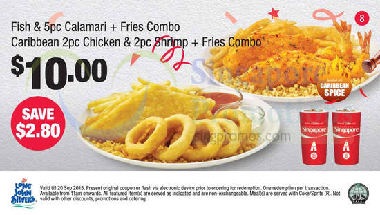 (8) 10.00 Fish n 5Pc Calamari, Fries Combo, Caribbean 2Pc Chicken n 2Pc Shrimp n Fries Combo