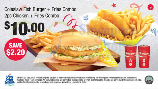 (9) 10.00 Coleslaw Fish Burger, Fries Combo, 2pc Chicken, Fries Combo