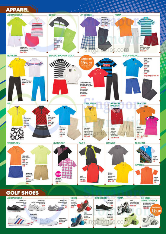 Golf Apparel, Shoes, Polo Tees, Pants, Bermudas, Muta Special, Le Coq Sportif Golf, Adidas Golf, Puma, IJP Design, Skechers, Ecco, Callaway, Arnold Palmer