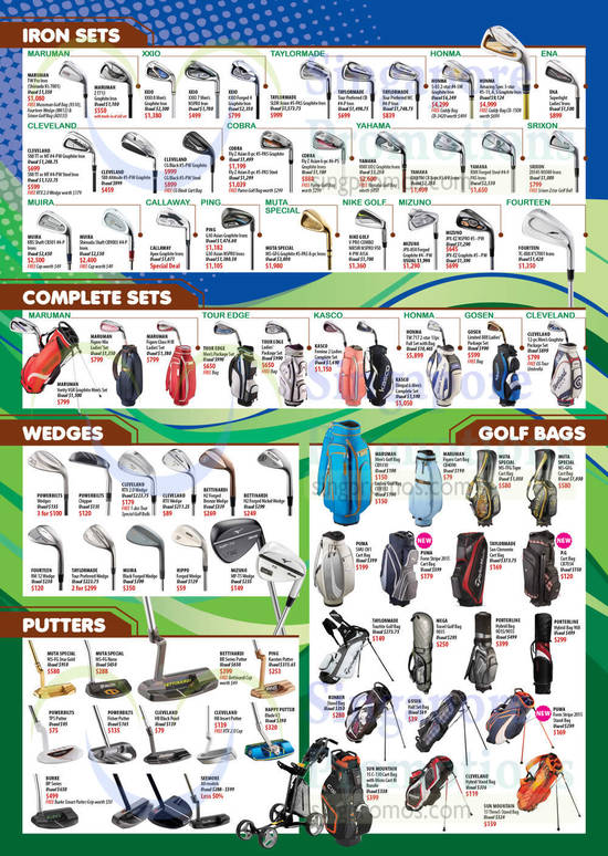 Iron Sets, Wedges, Putters, Golf Bags, Stand Bags, Cart Bags, Maruman, Kasco, Tour Edge, Cleveland, Yamaha, Honma, ENA, TaylorMade, Cobra