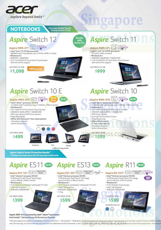 Notebooks, Aspire, Switch 12 SW5-271, Switch 11 SW5-171, Switch 10 E SW3-013, ES1-131, ES1-331