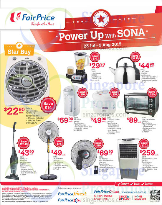 Sona Home Appliances, Rice Cooker, Kettle, Airpot, Vacuum Cleaner, Fans, Air Cooler, Oven, Blender