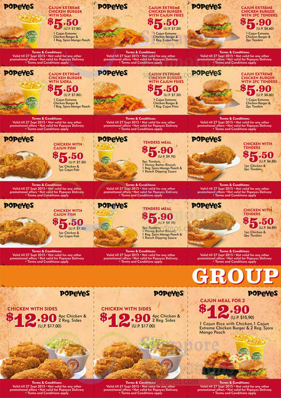 Popeyes Coupon Page 1, Cajun, Chicken, Group, Tenders