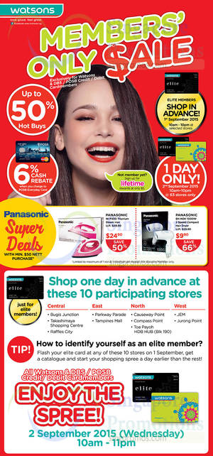 Featured image for (EXPIRED) Watsons 1-Day Up To 50% Off Sale @ 63 Stores 2 Sep 2015