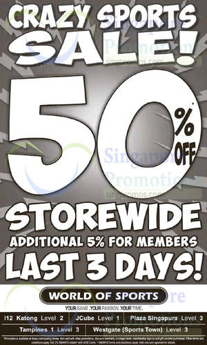 Featured image for (EXPIRED) World Of Sports 50% Off Storewide Sale @ Selected Outlets 5 – 20 Sep 2015