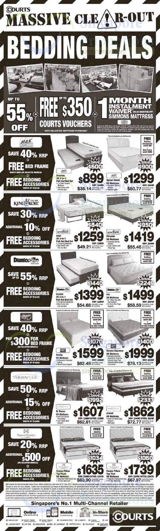 Beddings, Mattresses, Bed Sets, King Koil, Sealy PosturePremier, Sleepy Night, Therapedic, Dunlopillo, Max Coil