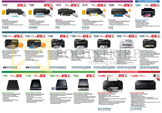 Epson Printers, Scanners, Photo Printers, L120, L310, L800, L1300, L1800, T60, XP-225, XP-422, WF-2651, WF-2631, WF-2661, WF-3521, V600 Photo, V800 Photo