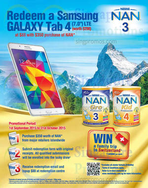 Featured image for (EXPIRED) Nestle Nan Spend $350 & Redeem Galaxy Tablet 4 7.0 for $88 30 Sep – 31 Oct 2015