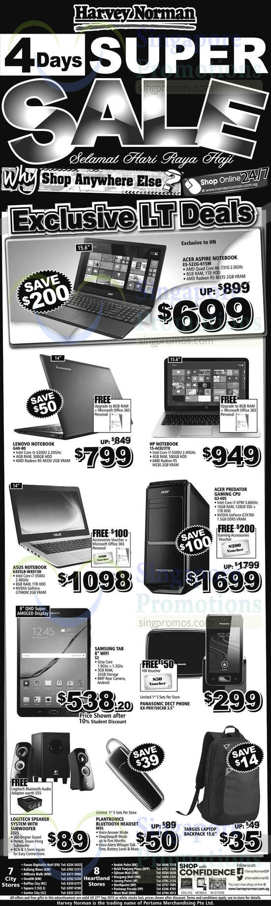 Notebooks, Tablet, Dect Phone, Gaming CPU, Speaker System, Plantronics, Samsung Galaxy, Panasonic, Acer, HP