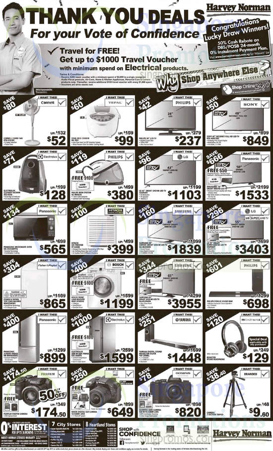 TVs, Home Appliances, Washers, Fridges, Digital Cameras, Sound Bar, Headphone, Iron, Fan, Rice Cooker, Cornell, Tefal, Sony, Electrolux, Philips, LG, Samsung