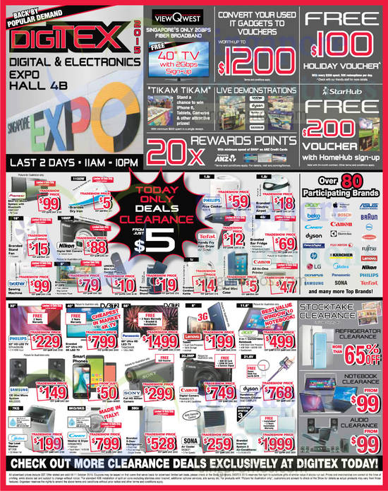 10 Oct Home Appliances, TVs, Digital Camera, Washers, Air Cooler, Hair Dryer, CD Micro Systems, Rice Cooker, Canon, Dyson, Philips, Pioneer, Tefal, Midea