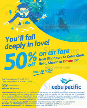 Featured image for (EXPIRED) Cebu Pacific Air 50% Off Fares 23 – 25 Oct 2015