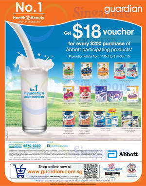 Featured image for (EXPIRED) Abbott Milk Powders Spend $200 & Get Free $18 Voucher @ Guardian 2 – 31 Oct 2015