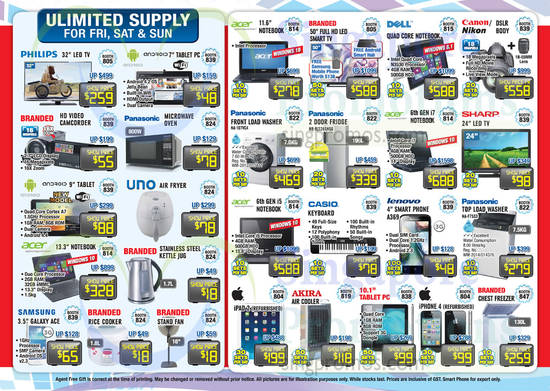 TVs, Notebooks, Mobile Phones, Tablets, Washer, Fridge, Kettle, Air Fryer, Camcorder, Fan