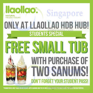 Featured image for llaollao Buy 2 Get 1 Free Small Tub Student Weekdays @ HDB Hub From 12 Oct 2015
