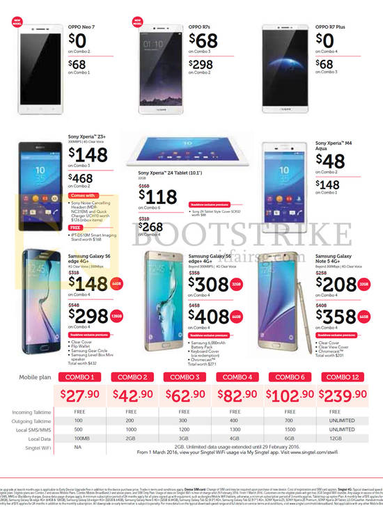 Mobile Phones Oppo Neo 7, R7s, R7 Plus, Sony Xperia Z3 Plus, M4 Aqua, Samsung Galaxy S6 Edge, S6 Edge Plus, Note 5, Mobile Plans Combo 1,2,3,4,6,12