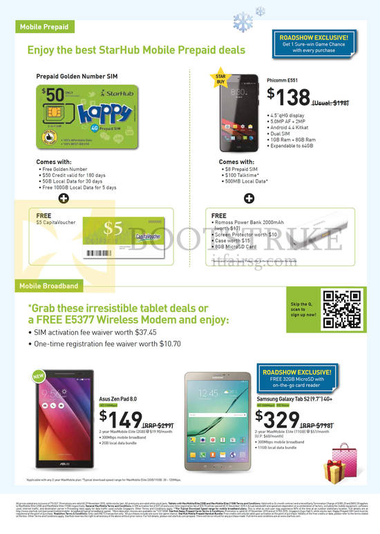 Mobile Prepaid, Broadband, Golden Number Sim, Phicomm E551, Asus Zenpad 8.0, Samsung Galaxy Tab S2 9.7