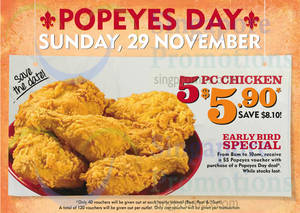 Featured image for Popeyes $5.90 5pcs Chicken One Day Promo 29 Nov 2015