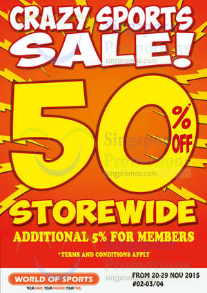 Featured image for (EXPIRED) World Of Sports 50% Off Storewide Sale @ Selected Outlets 20 – 29 Nov 2015