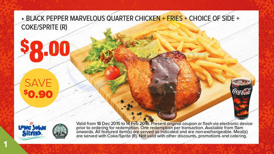 (1) 8.00 Black Pepper Marvelous Quarter Chicken n Fries n Choice of Side n Coke or Sprite (R)