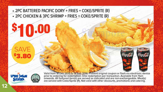 (12) 10.00 2pc Battered Pacific Dory n Fries n Coke or Sprite (R) & 2pc Chicken & 3pc Shrimp n Fries n Coke or Sprite (R)