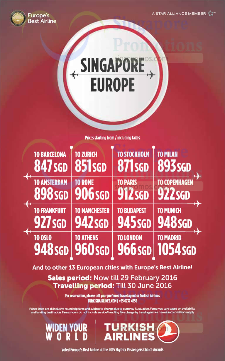 Turkish Airlines fr 847 Europe Promo Fares 25 29 Feb 2016