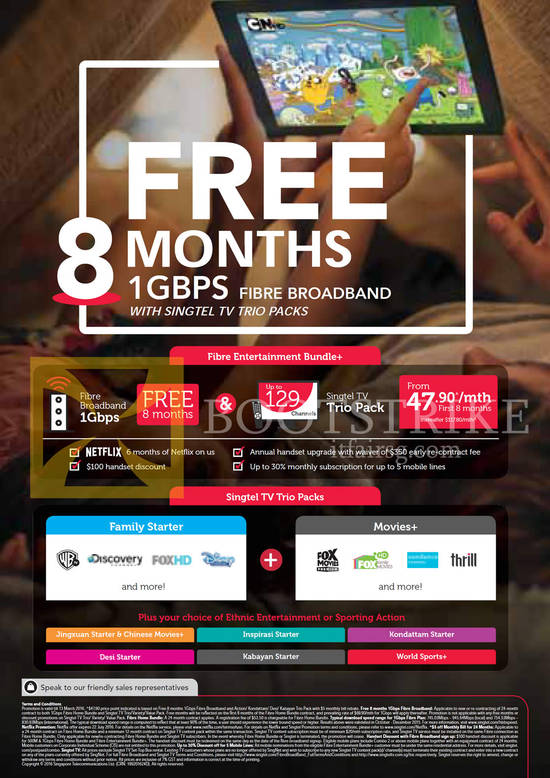 1Gbps Fibre Broadband Free 8mths, Trio TV Packs Family Starter, Movies Plus