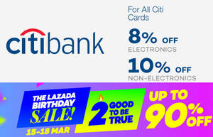 Featured image for (EXPIRED) Lazada 8% to 10% Off Storewide For Citibank Cardmembers (NO Min Spend) 15 – 17 Mar 2016